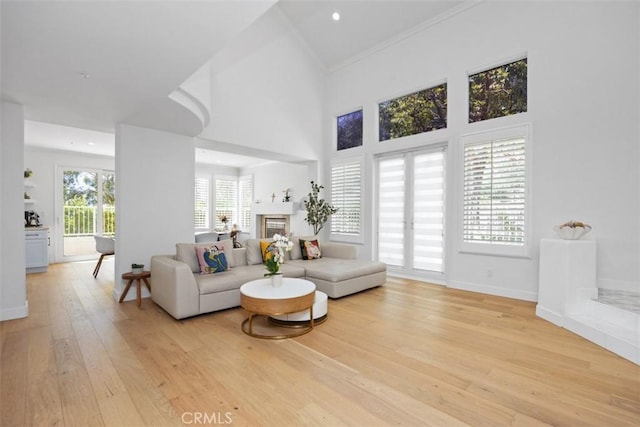 1872 Caminito De La Narcissa, Glendale, CA 91208 - living room with light wood-style floors, a fireplace, a towering ceiling, recessed lighting, and ornamental molding