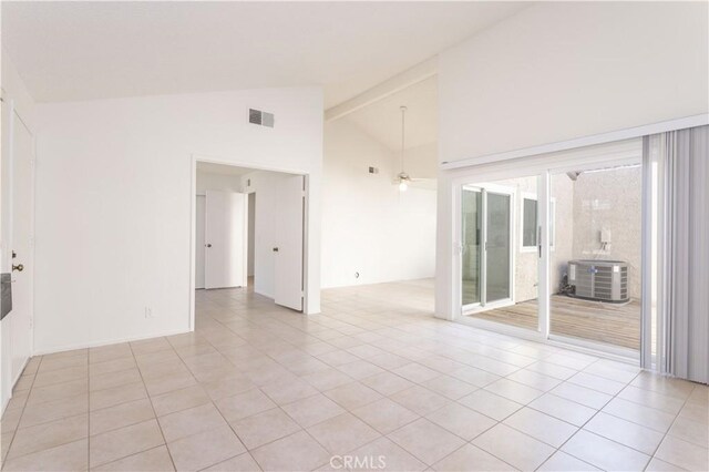 19533 Rinaldi St Unit 48, Porter Ranch, CA 91326 - empty room with high vaulted ceiling, light tile patterned floors, and a ceiling fan