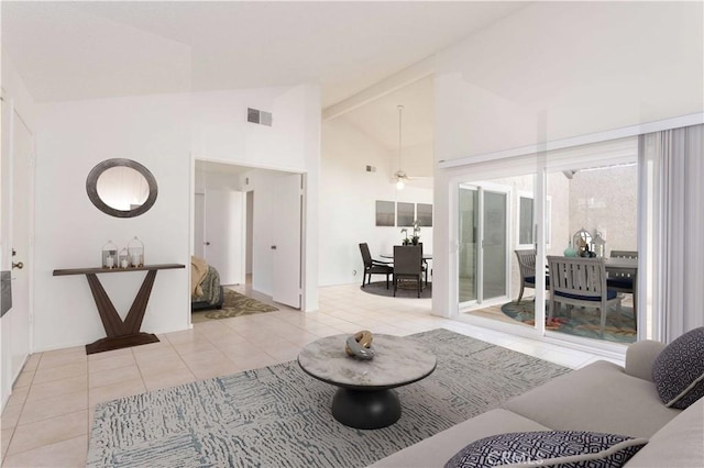 19533 Rinaldi St Unit 48, Porter Ranch, CA 91326 - tiled living area with high vaulted ceiling and ceiling fan