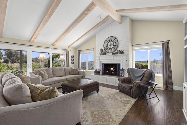 3237 Canonita Dr, Fallbrook, CA 92028 - living room featuring beam ceiling, a brick fireplace, dark wood-style flooring, french doors, and high vaulted ceiling