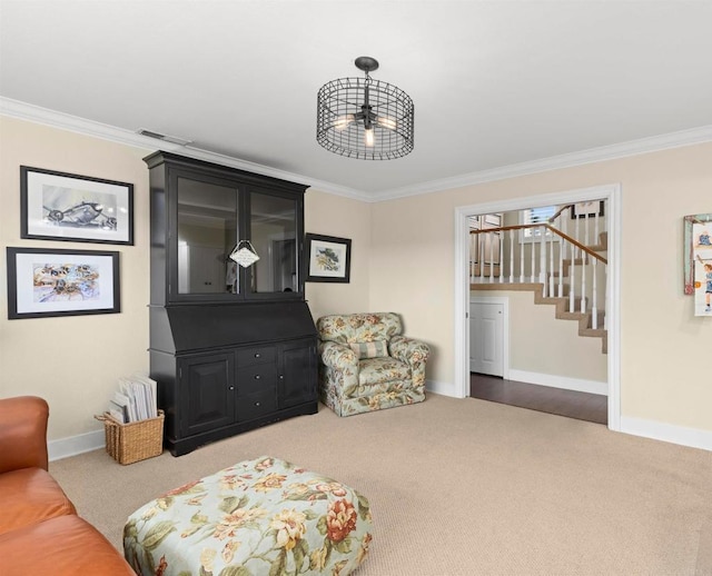 3237 Canonita Dr, Fallbrook, CA 92028 - living area with ornamental molding, carpet floors, and stairs