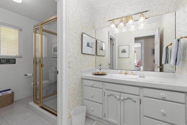 3237 Canonita Dr, Fallbrook, CA 92028 - full bathroom with wallpapered walls, vanity, tile patterned flooring, and a shower stall