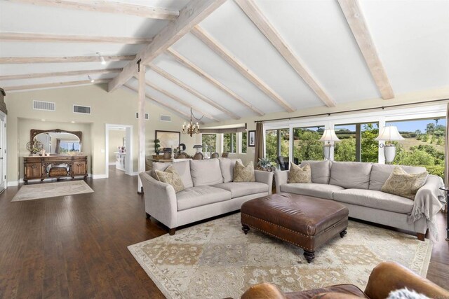 3237 Canonita Dr, Fallbrook, CA 92028 - living area with a chandelier, beam ceiling, wood finished floors, and high vaulted ceiling