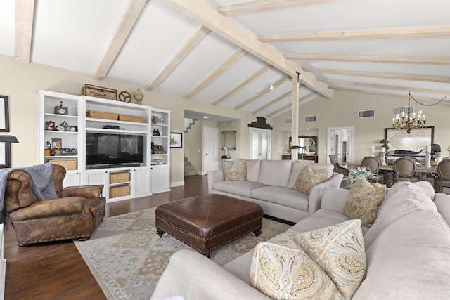3237 Canonita Dr, Fallbrook, CA 92028 - living room featuring a chandelier, dark wood finished floors, and stairs