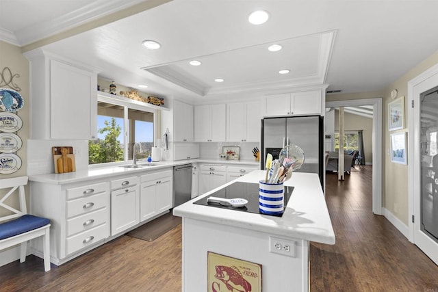 3237 Canonita Dr, Fallbrook, CA 92028 - kitchen with appliances with stainless steel finishes, ornamental molding, a center island, light countertops, and white cabinets