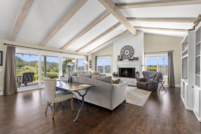 3237 Canonita Dr, Fallbrook, CA 92028 - living area featuring dark wood-style floors, a large fireplace, and healthy amount of natural light