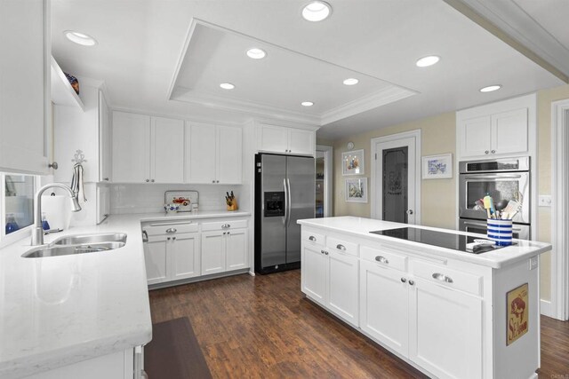 3237 Canonita Dr, Fallbrook, CA 92028 - kitchen with stainless steel appliances, a raised ceiling, a center island, recessed lighting, and white cabinetry