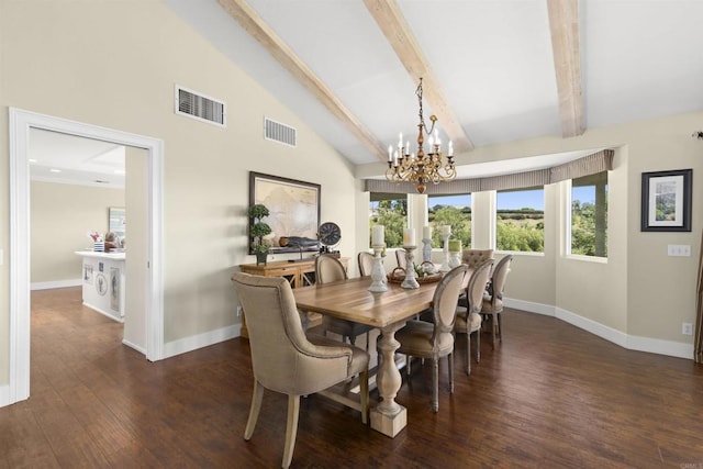 3237 Canonita Dr, Fallbrook, CA 92028 - dining room featuring a chandelier, beam ceiling, wood finished floors, and high vaulted ceiling