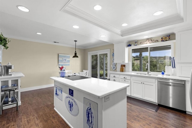 3237 Canonita Dr, Fallbrook, CA 92028 - kitchen featuring dishwasher, black electric stovetop, a center island, dark wood finished floors, and crown molding