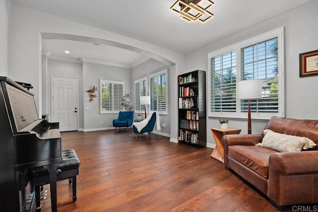 923 Citrine Way, San Marcos, CA 92078 - living area with arched walkways, hardwood / wood-style floors, healthy amount of natural light, ornamental molding, and recessed lighting