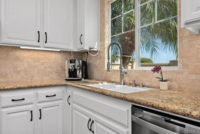 923 Citrine Way, San Marcos, CA 92078 - kitchen with dishwasher, backsplash, white cabinetry, and light stone countertops