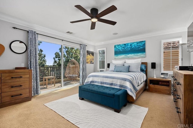 923 Citrine Way, San Marcos, CA 92078 - bedroom with light colored carpet, access to exterior, ornamental molding, and a ceiling fan