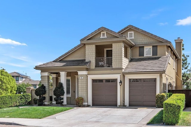 923 Citrine Way, San Marcos, CA 92078 - view of front facade featuring a balcony, a garage, a chimney, and driveway
