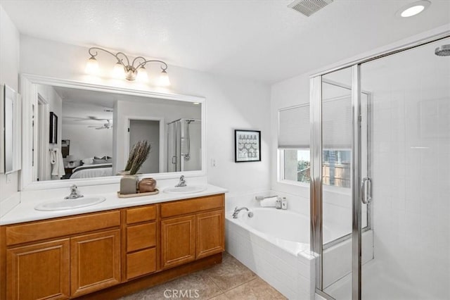 35733 Emily Ave, Murrieta, CA 92563 - ensuite bathroom with a stall shower, a bath, double vanity, tile patterned floors, and ceiling fan