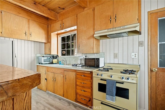 33712 Green Valley Lake Rd, Green Valley Lake, CA 92341 - kitchen featuring white appliances, under cabinet range hood, light countertops, light wood-style flooring, and backsplash