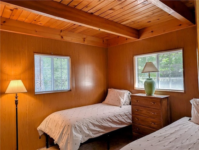 33712 Green Valley Lake Rd, Green Valley Lake, CA 92341 - bedroom with wooden walls and a wood ceiling with exposed beams