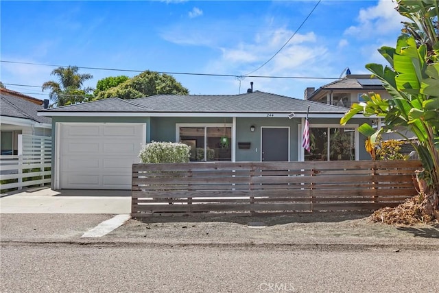 244 Santa Fe Ave, Pismo Beach, CA 93449 - view of front of home featuring a fenced front yard, driveway, a garage, a shingled roof, and stucco siding