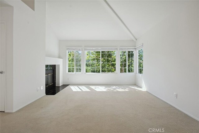 4240 Lost Hills Rd Unit 2205, Calabasas, CA 91301 - unfurnished living room featuring carpet, vaulted ceiling, and a fireplace