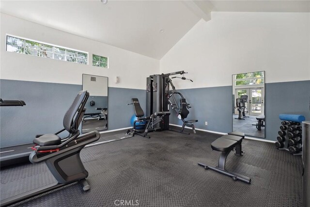 4240 Lost Hills Rd Unit 2205, Calabasas, CA 91301 - exercise room featuring high vaulted ceiling and beamed ceiling