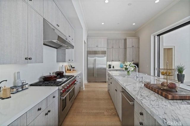 16 Seawatch, Newport Coast, CA 92657 - kitchen with premium appliances, under cabinet range hood, light wood-style flooring, crown molding, and recessed lighting