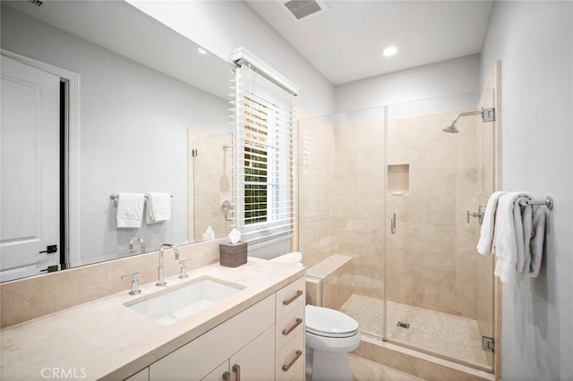 16 Seawatch, Newport Coast, CA 92657 - bathroom with vanity, a shower stall, recessed lighting, and tile patterned floors