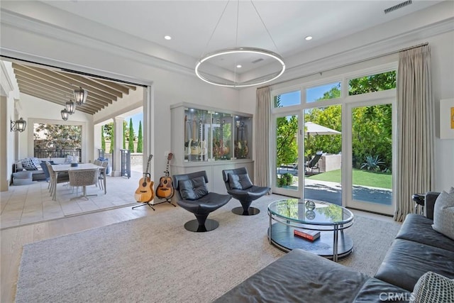 16 Seawatch, Newport Coast, CA 92657 - living area featuring wood finished floors, recessed lighting, and a chandelier