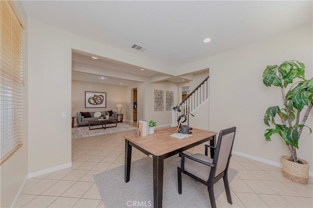 25228 Coral Canyon Rd, Corona, CA 92883 - dining area featuring light tile patterned flooring, recessed lighting, and stairs