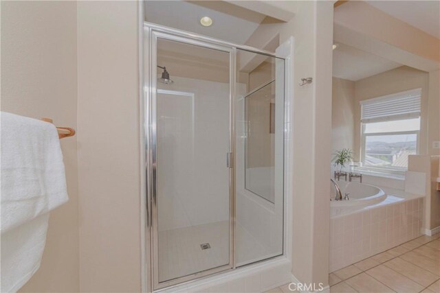 25228 Coral Canyon Rd, Corona, CA 92883 - bathroom with tile patterned flooring, a bath, and a shower stall