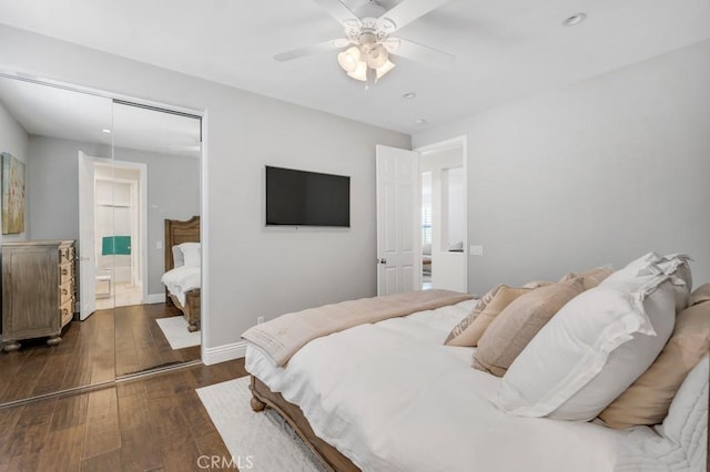 24234 Reyes Adobe Way, Valencia, CA 91354 - bedroom featuring hardwood / wood-style flooring, ceiling fan, recessed lighting, connected bathroom, and a closet