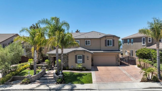 24234 Reyes Adobe Way, Valencia, CA 91354 - traditional-style home with stucco siding, driveway, an attached garage, and stone siding