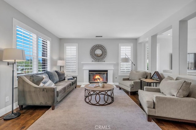 24234 Reyes Adobe Way, Valencia, CA 91354 - living area with dark wood-style flooring, healthy amount of natural light, and a glass covered fireplace
