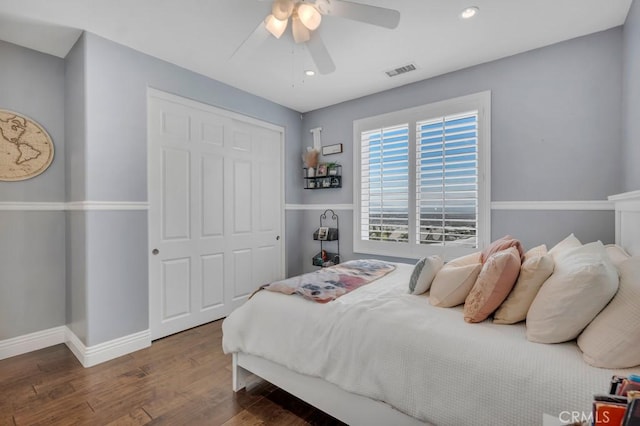24234 Reyes Adobe Way, Valencia, CA 91354 - bedroom with wood finished floors, a closet, a ceiling fan, and recessed lighting