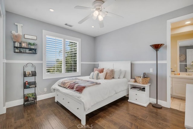 24234 Reyes Adobe Way, Valencia, CA 91354 - bedroom featuring wood finished floors, recessed lighting, ensuite bathroom, and a ceiling fan
