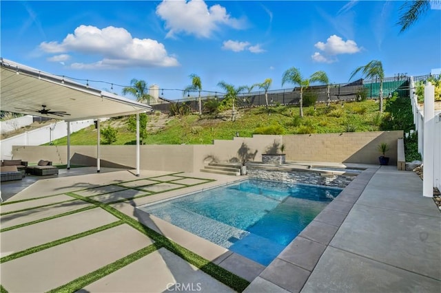 33175 Camino Maraca, Temecula, CA 92592 - view of swimming pool with a patio area, a fenced backyard, an in-ground hot tub, and ceiling fan