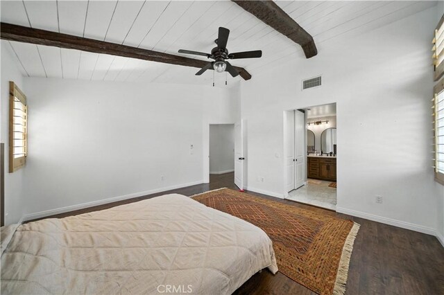 33175 Camino Maraca, Temecula, CA 92592 - bedroom with wood finished floors, ensuite bath, ceiling fan, and a wood ceiling with exposed beams