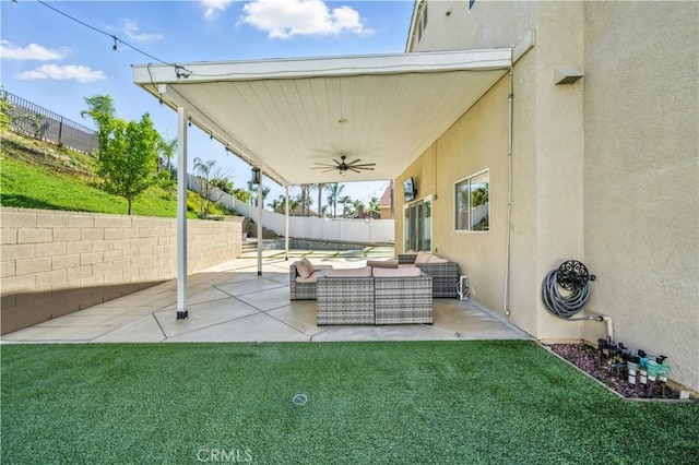 33175 Camino Maraca, Temecula, CA 92592 - fenced backyard featuring ceiling fan, outdoor lounge area, and a patio area