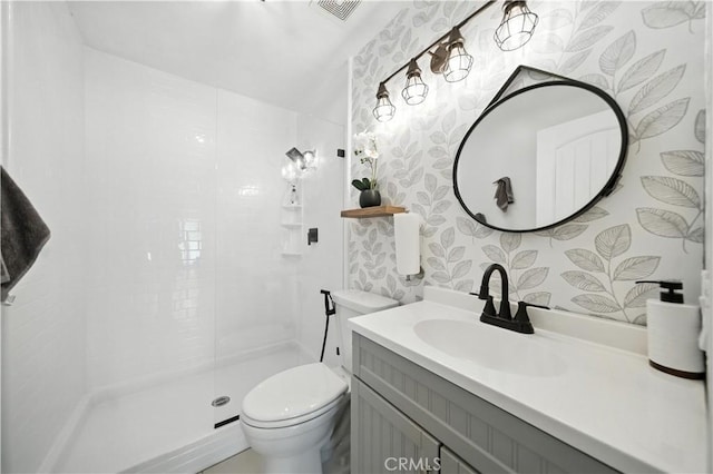 33175 Camino Maraca, Temecula, CA 92592 - full bath featuring vanity, walk in shower, and wallpapered walls