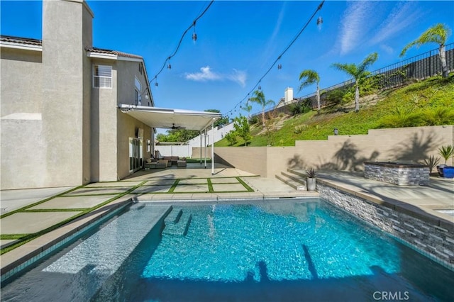 33175 Camino Maraca, Temecula, CA 92592 - view of pool featuring a patio, a fenced backyard, and ceiling fan