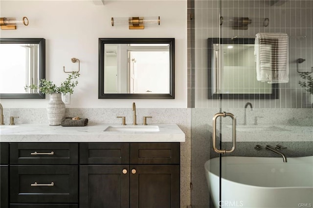 3702 Seneca Ave, Los Angeles, CA 90039 - bathroom featuring double vanity, a freestanding bath, and a shower stall