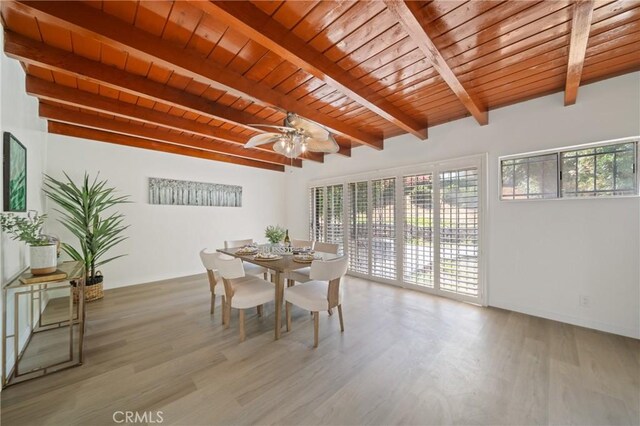 3704 Lorado Way, View Park, CA 90043 - dining area with a wood ceiling with exposed beams, wood finished floors, and ceiling fan