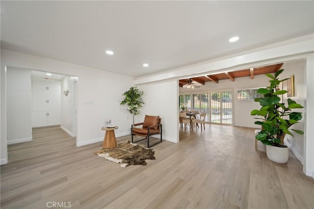 3704 Lorado Way, View Park, CA 90043 - sitting room with light wood-style floors, beamed ceiling, recessed lighting, and a ceiling fan
