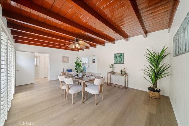 3704 Lorado Way, View Park, CA 90043 - dining space with light wood finished floors, a wooden ceiling with exposed beams, and ceiling fan