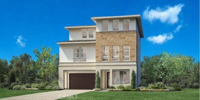 15 Remy Ln, Montebello, CA 90640 - contemporary home featuring driveway, stone siding, an attached garage, stucco siding, and a front yard