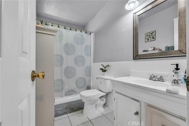 2660 Newell St, County Los Angeles, CA 90039 - bathroom with tile patterned flooring, vanity, tile walls, a shower with shower curtain, and a wainscoted wall