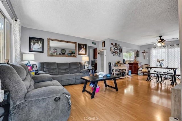 2660 Newell St, County Los Angeles, CA 90039 - living area featuring a textured ceiling, light wood-type flooring, and ceiling fan