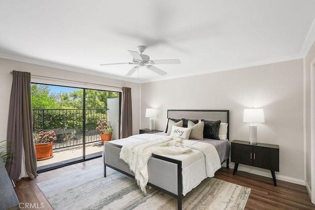 30326 Via Reata, Laguna Niguel, CA 92677 - bedroom featuring access to exterior, crown molding, wood finished floors, and ceiling fan