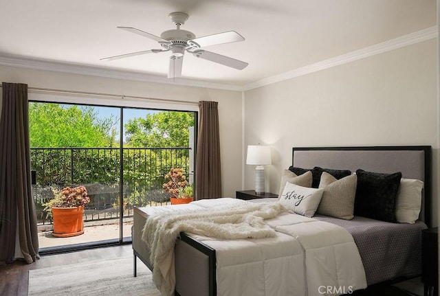 30326 Via Reata, Laguna Niguel, CA 92677 - bedroom featuring access to outside, light wood-style floors, ornamental molding, and ceiling fan