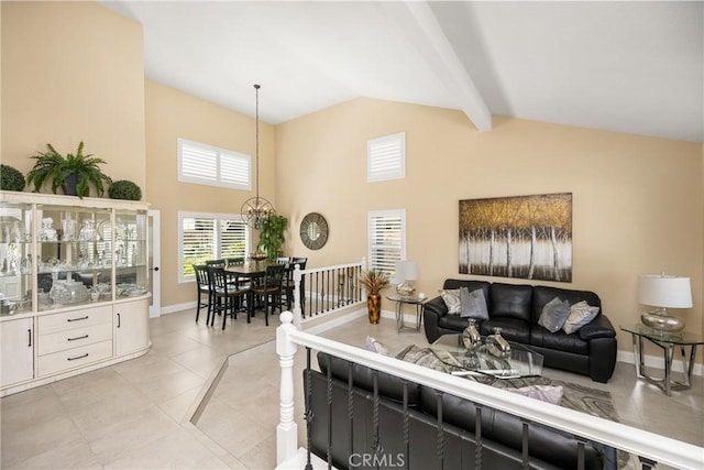 24330 Via Arriba Linda, Yorba Linda, CA 92887 - living area featuring beamed ceiling, light tile patterned floors, and high vaulted ceiling