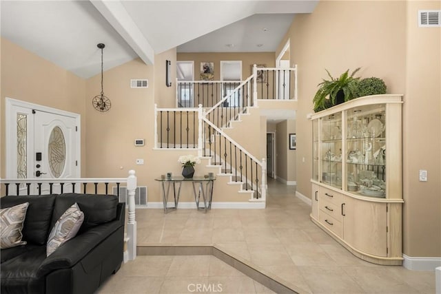 24330 Via Arriba Linda, Yorba Linda, CA 92887 - living room featuring high vaulted ceiling, light tile patterned flooring, stairs, and beamed ceiling