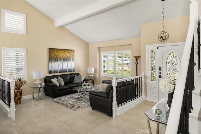 24330 Via Arriba Linda, Yorba Linda, CA 92887 - tiled foyer entrance with beam ceiling, high vaulted ceiling, and a chandelier